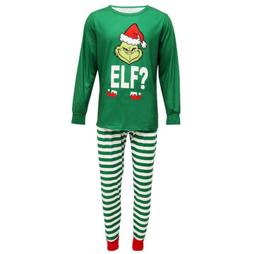 Grinch Christmas Round Neck Green Striped Cartoon Print Family Pajamas Set